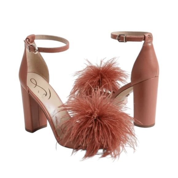 Sam Edelman Shoes - Sam Edelman Rust Feather Pom-Pom Ankle Strap Block Heel Sandals NWOT